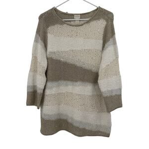 Chico's Size 2 Large Knit Sweater Pullover Brown Cream Oatmeal Tunic Long Length